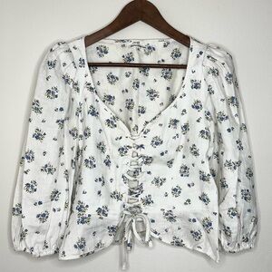 Reformation White Floral Lace-Up Blouse